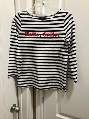J. Crew Navy & White Striped Boatneck Top with Red Script
